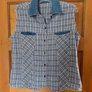 Sleeveless Blue White Gingham Button Down Blouse Seersucker Sz M-L